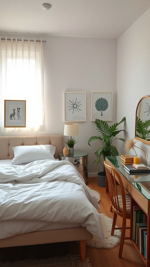 Cozy small shared bedroom with light curtains, plant, and reflective surfaces.