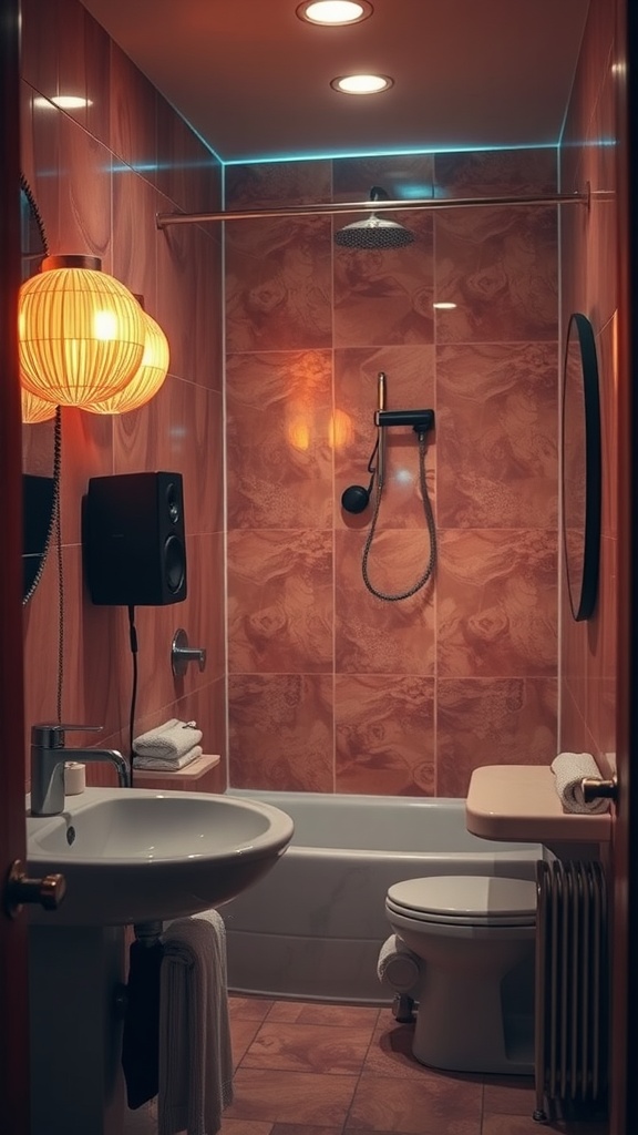 Cozy and warm bathroom with soft lighting and a relaxing atmosphere.