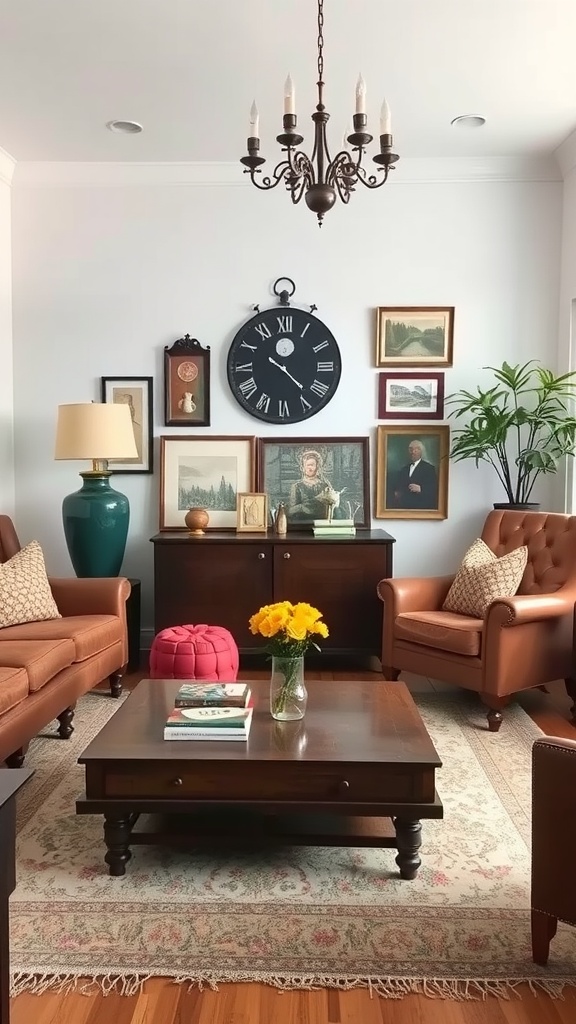 A cozy living room with vintage decor including framed pictures, a large clock, and repurposed furniture.