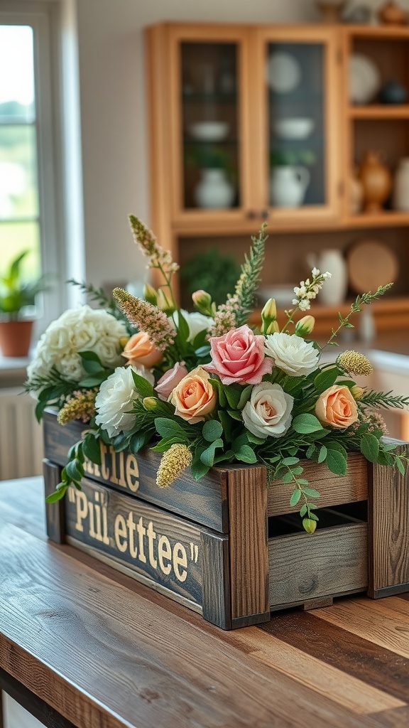 A wooden crate filled with colorful flowers sits on a kitchen table.