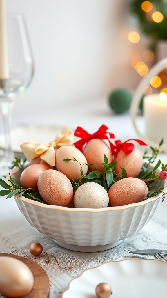 A beautiful display of pastel-colored Easter eggs wrapped in ribbons, arranged in a white bowl with greenery.