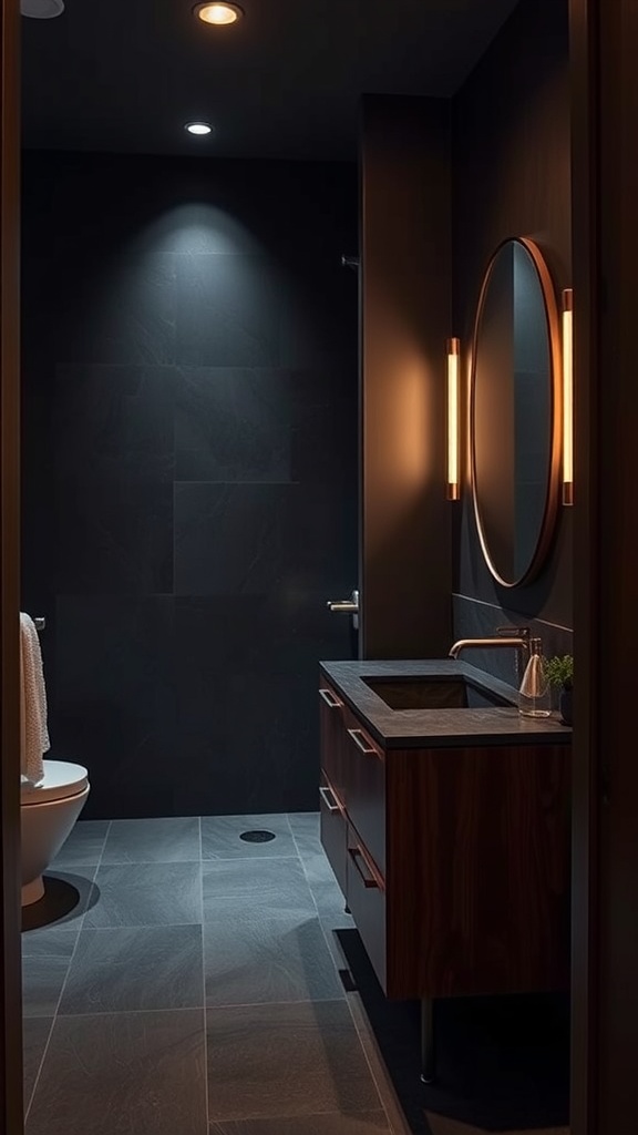 A dark bathroom featuring a rich walnut vanity with a stone countertop, soft lighting, and a modern mirror.