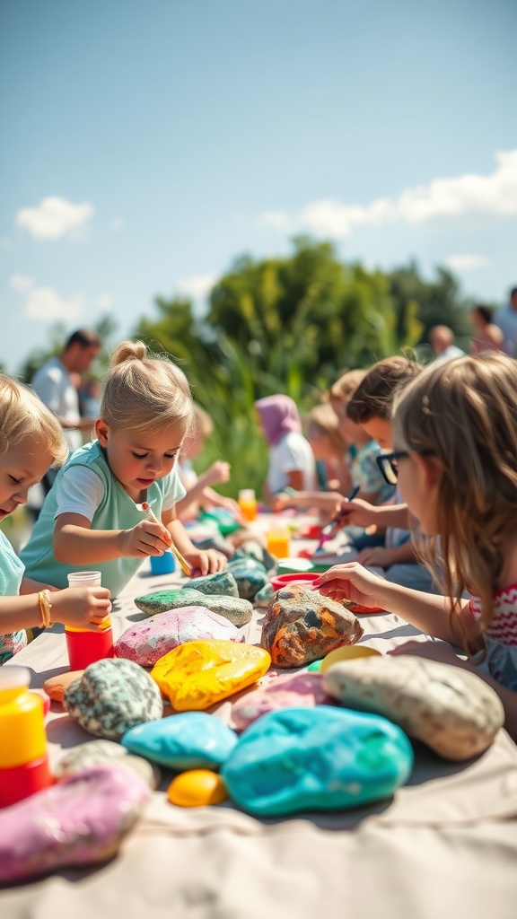 Children painting colorful rocks at a table in a sunny outdoor setting.