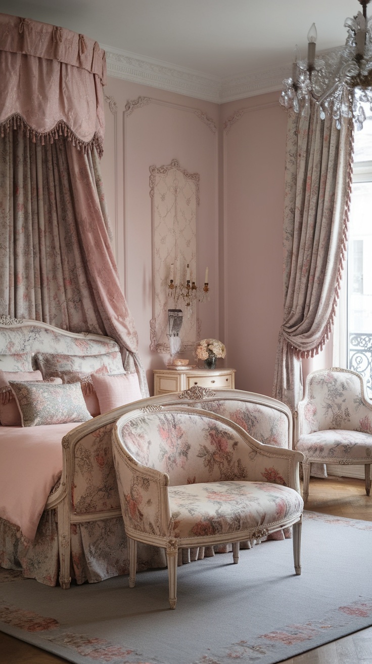 A romantic shabby chic bedroom with pink walls, a floral upholstered bed, and elegant chandelier.