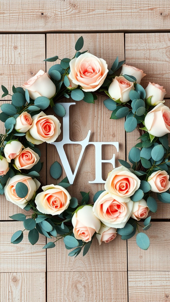 A floral wreath featuring soft peach roses, eucalyptus leaves, and the word 'LOVE' in the center, displayed on a wooden background.