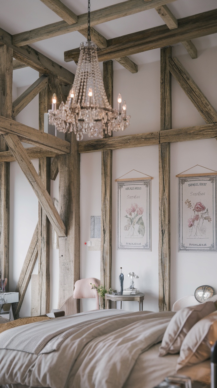 A cozy shabby chic bedroom with wooden beams and a chandelier