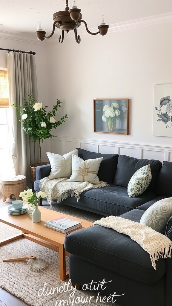 A rustic living room featuring a dark gray couch with pillows, a wooden coffee table, and plants, creating a cozy atmosphere.