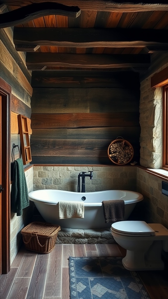 A rustic bathroom featuring stone walls, wooden beams, a freestanding white tub, and dark accents.