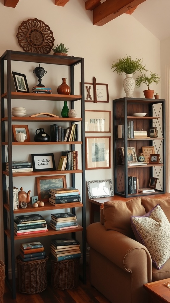 A living room featuring rustic display shelves with books, plants, and decorative items.