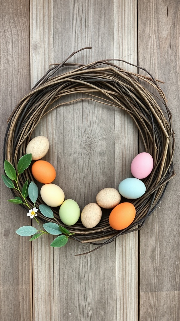 A rustic egg wreath made of twigs with pastel-colored eggs and greenery accents.