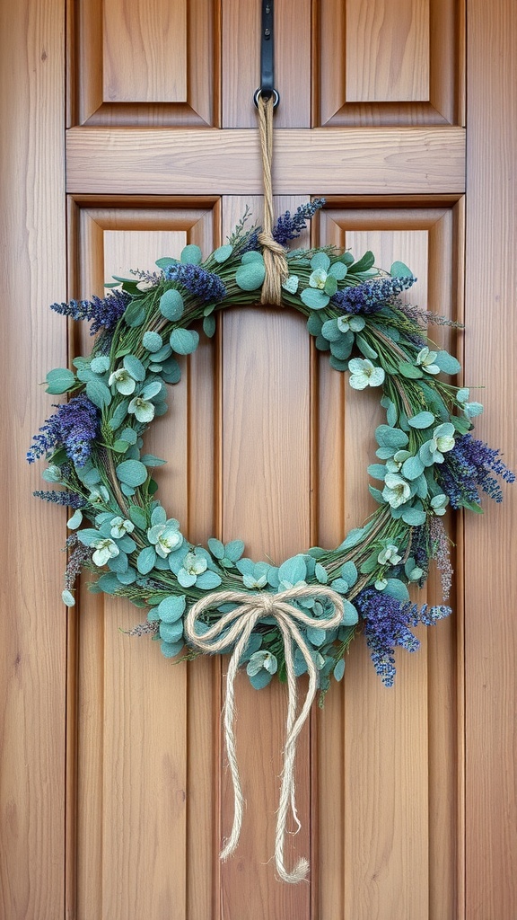 A rustic eucalyptus and lavender wreath hanging on a wooden door.