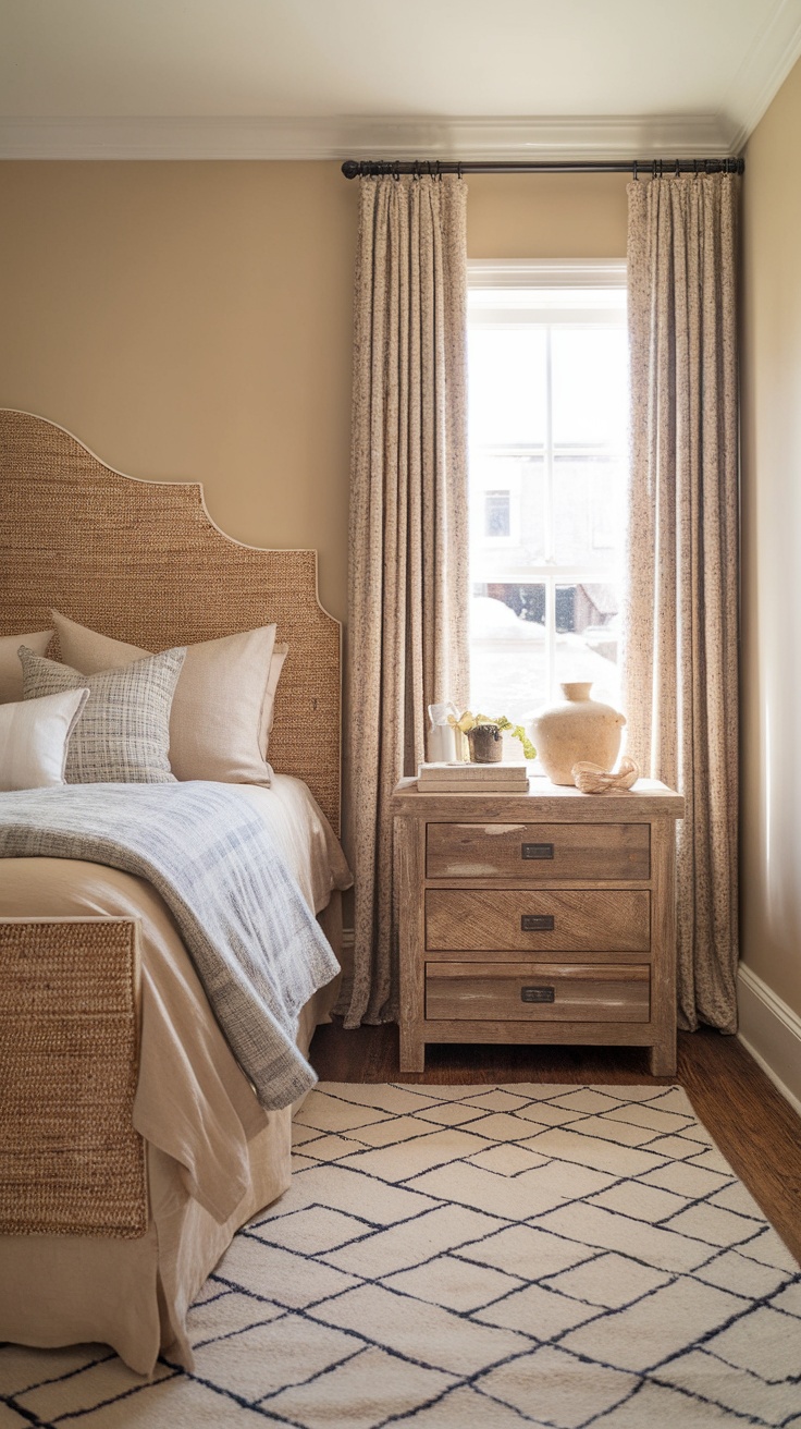 A rustic farmhouse bedroom featuring a woven headboard, neutral bedding, and a wooden bedside table.