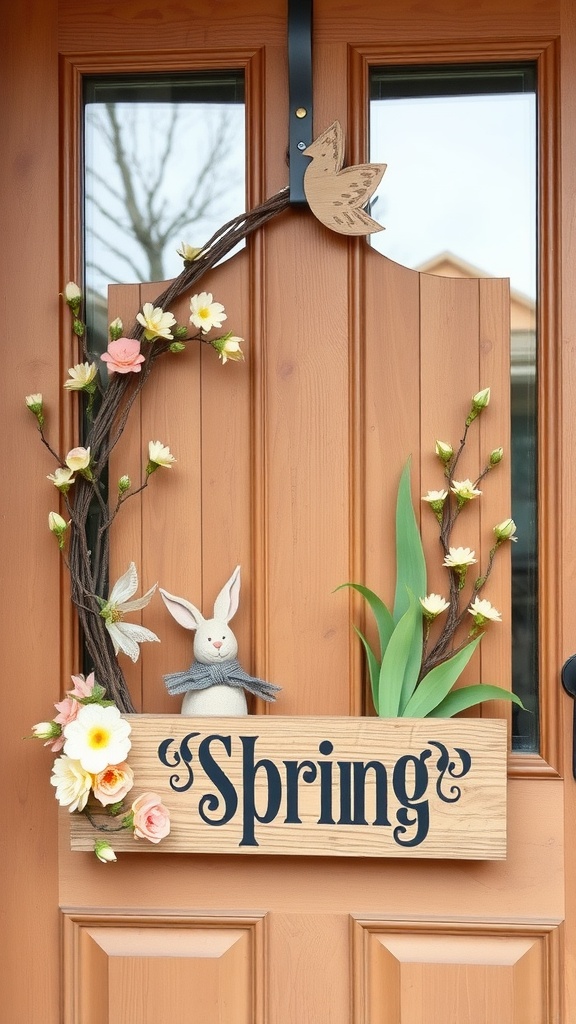 A rustic spring door hanger featuring flowers, a bunny, and the word 'Spring' on a wooden base.