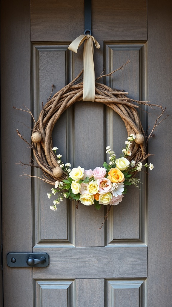 A rustic farmhouse wreath made of intertwined branches adorned with pastel roses hanging on a door.