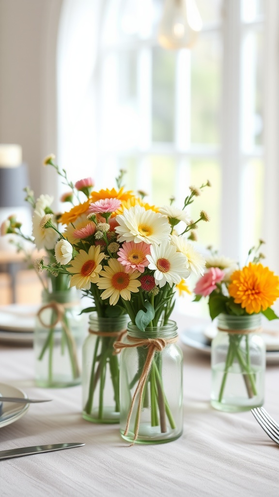 Rustic mason jar vases filled with colorful flowers on a dining table