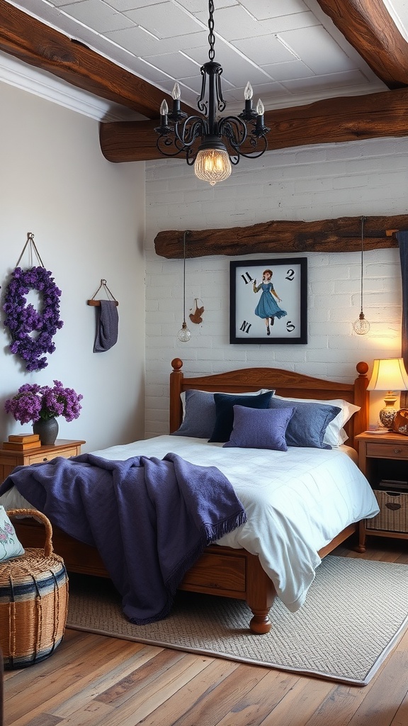 A rustic bedroom adorned with purple decor, featuring wooden beams, a cozy bed, and warm lighting.