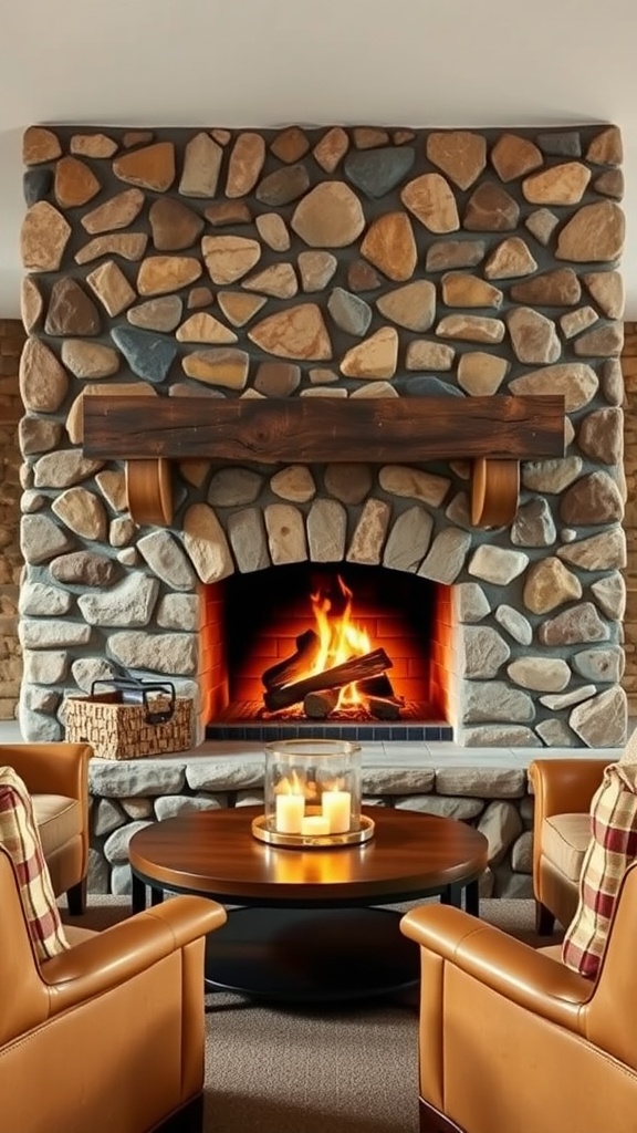 A rustic stone fireplace with a wooden mantel, surrounded by leather chairs and a coffee table with candles.