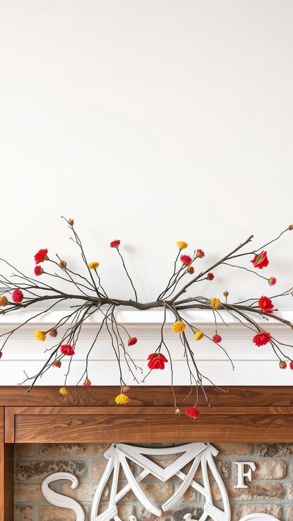 A rustic twig and bloom garland on a mantle, featuring twigs with red and yellow flowers.