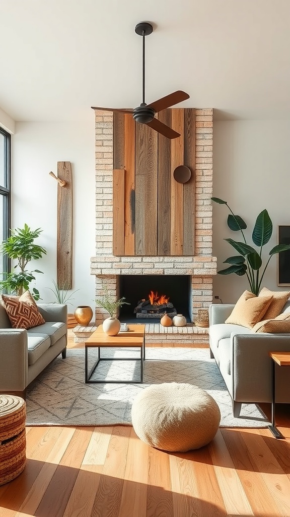 A cozy living room featuring rustic wood accents, a fireplace, and plants.