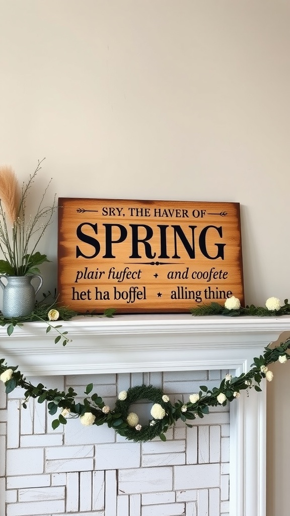 Rustic wood sign that says 'SRY, THE HAVER OF SPRING' displayed on a mantel with greenery and flowers.