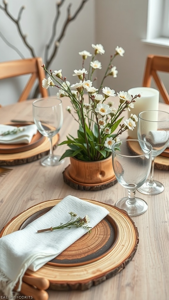 A rustic wooden dinner table setting with wooden plates, glassware, and a flower arrangement.