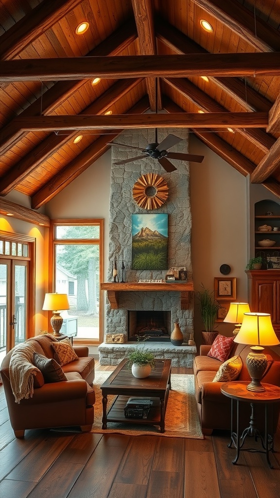 Living room with rustic wooden beams, stone fireplace, and cozy seating