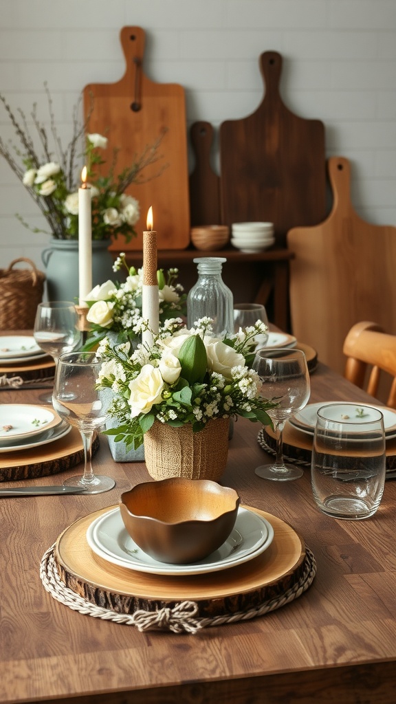 A rustic spring table setting with wooden elements, floral centerpiece, and elegant tableware.