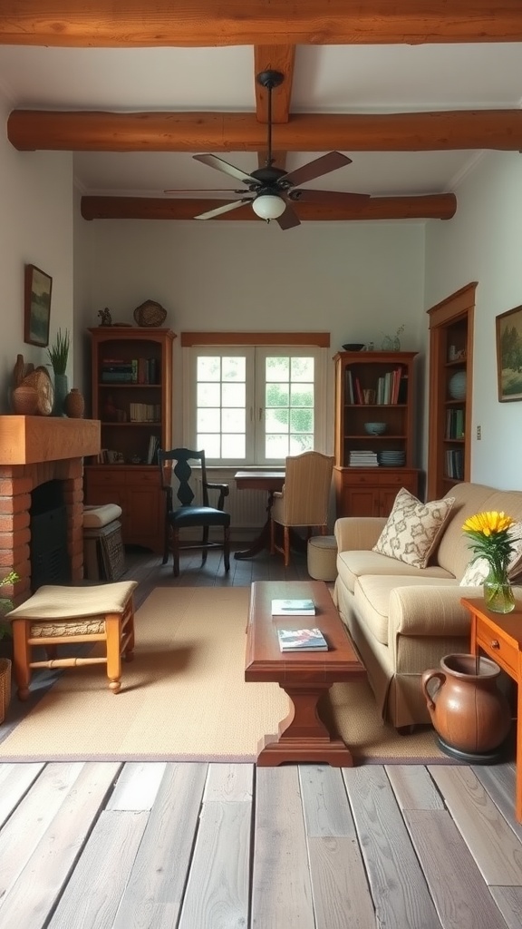 A cozy living room featuring rustic wooden furniture, warm tones, and a comfortable atmosphere.