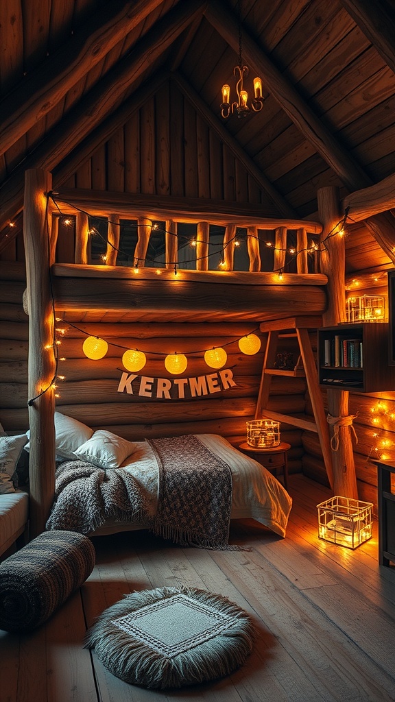 A cozy rustic wooden loft bed in a warmly lit room, decorated with fairy lights and soft textiles.