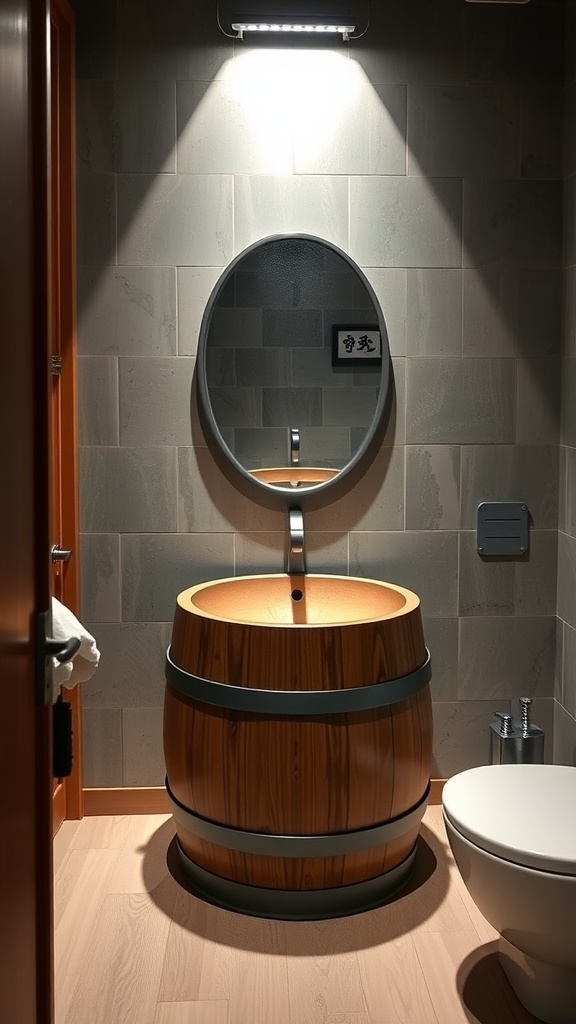 A sake barrel sink in a modern bathroom setting with a mirror and soft lighting