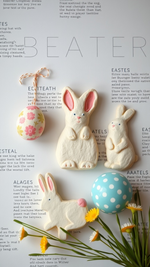 Salt dough Easter ornaments in the shape of bunnies and eggs placed on a patterned background with flowers.