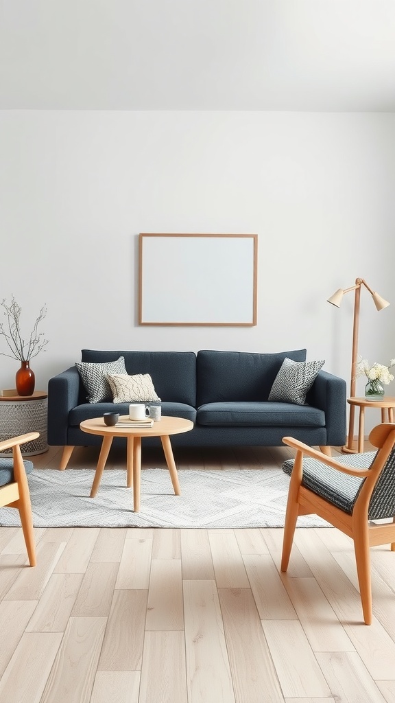 A cozy Scandinavian-style living room featuring a dark gray couch, wooden coffee table, and light wooden flooring.