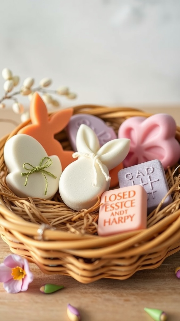 A basket filled with colorful scented Easter soap bars shaped like bunnies and flowers.