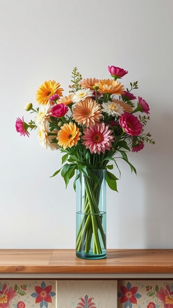 A vibrant bouquet of fresh flowers in a clear vase on a wooden table.