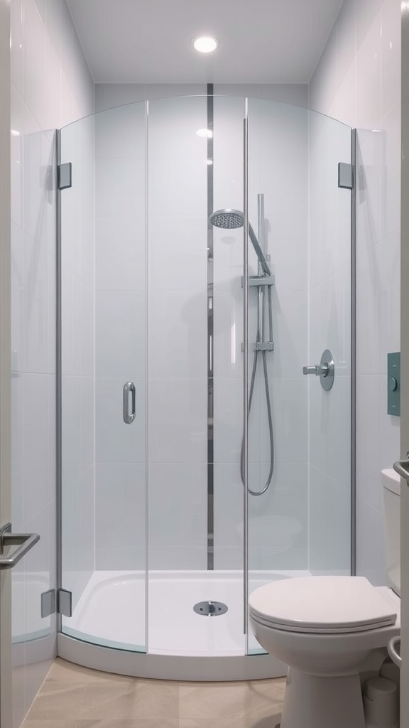 A sleek glass shower enclosure in a small bathroom with modern fixtures and a clean design.