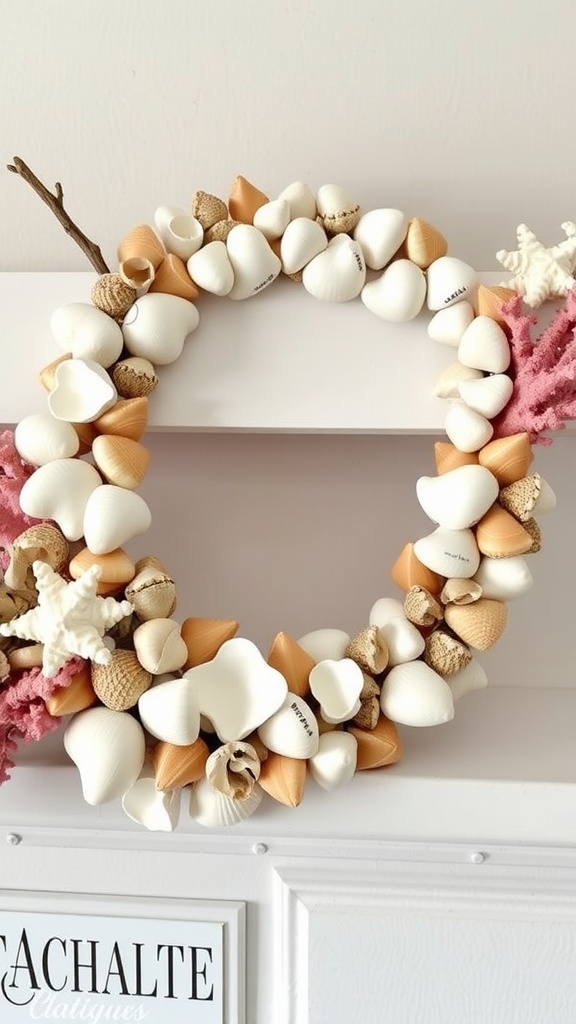 A decorative garland made of seashells and coral, featuring white and pink colors, displayed on a mantle.