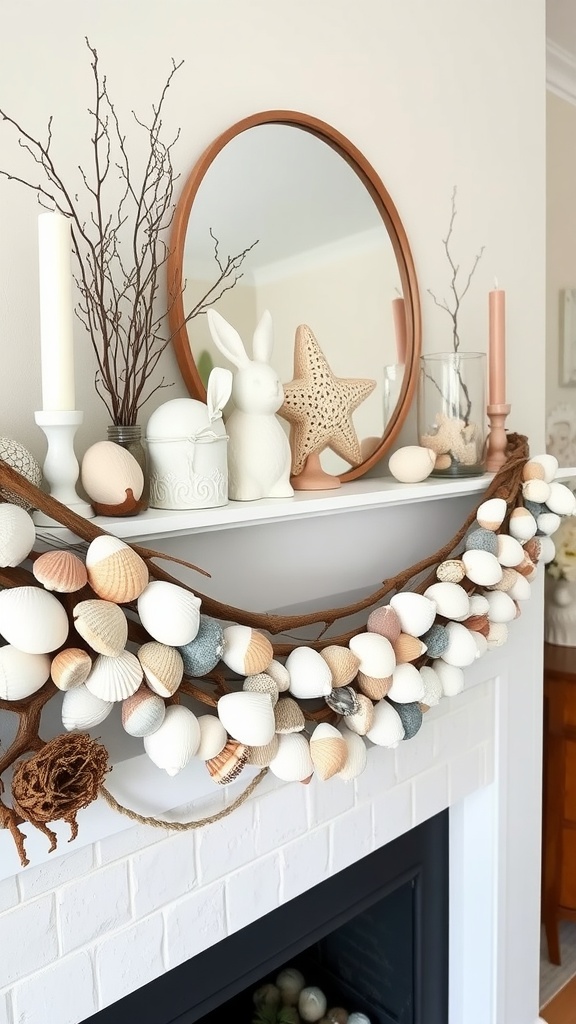 A beautiful Easter garland made with seashells and driftwood, displayed on a mantel with decorative items.