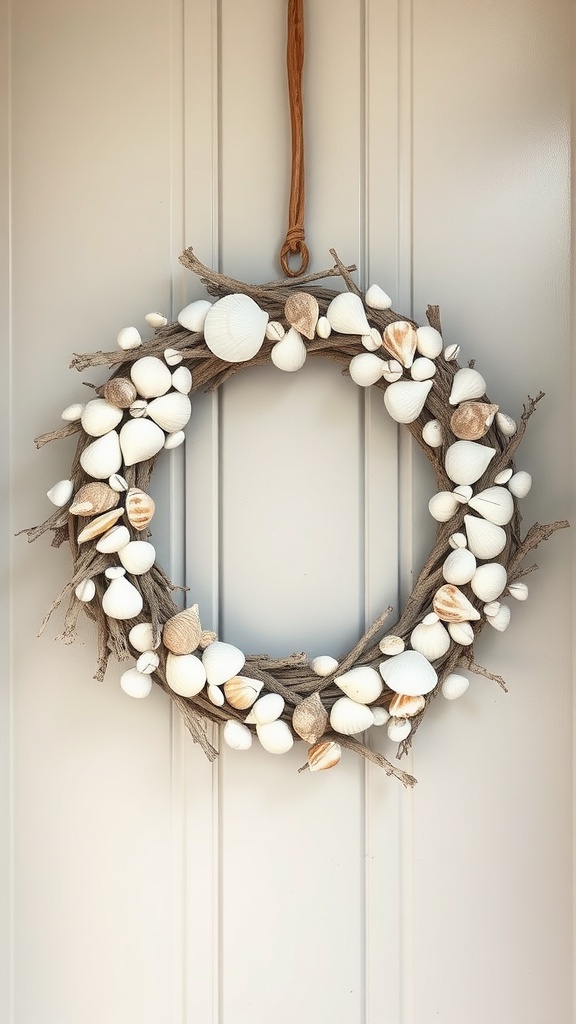 A wreath made of driftwood and seashells hanging on a door.