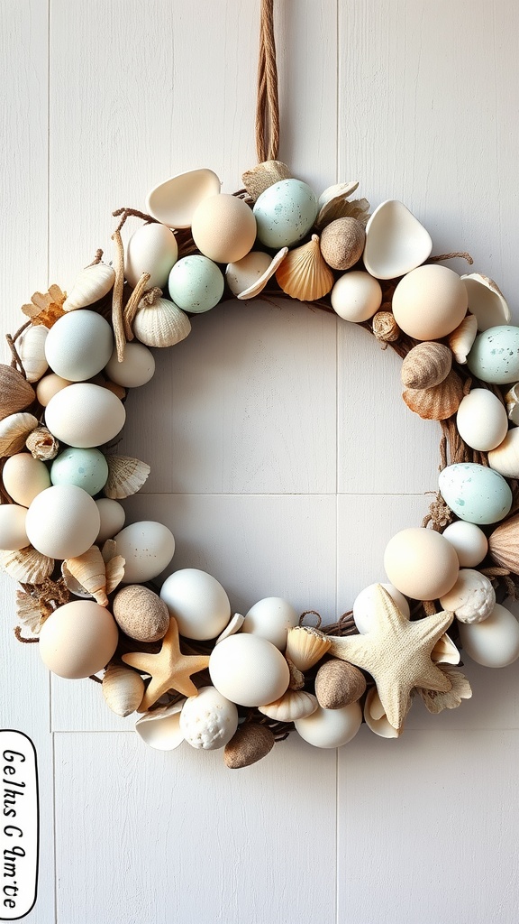 A decorative wreath made with various eggs and seashells, showcasing soft pastel colors and natural textures.