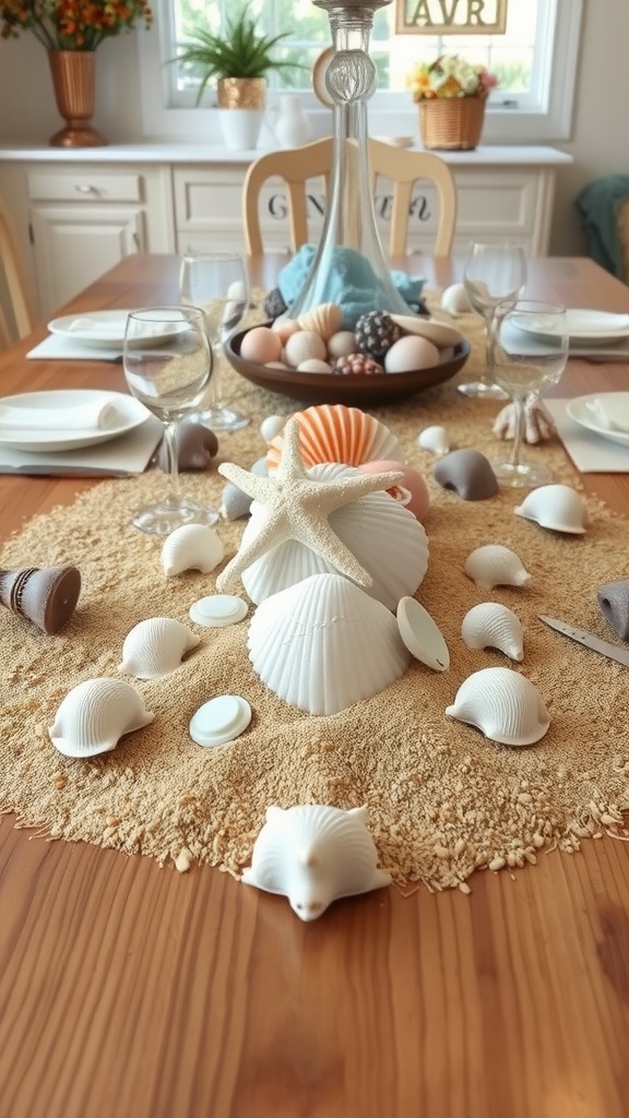 A spring table decor featuring seashells and sand accents, with a clear vase and blue fabric in the center.