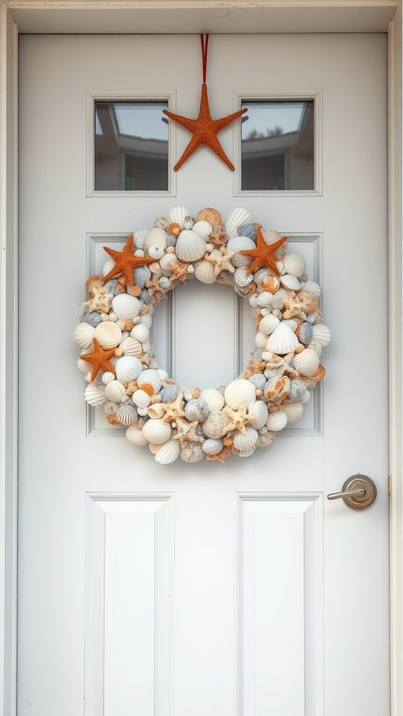 A seaside shell wreath featuring a variety of shells and starfish, hanging on a white door.