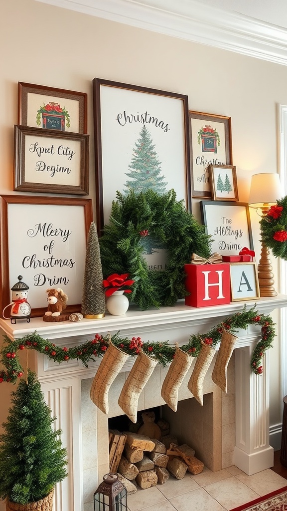 Christmas themed fireplace mantel with artwork, wreath, and stockings