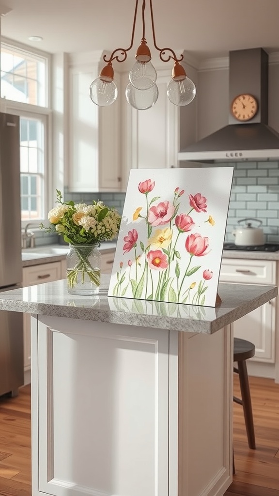 A beautiful kitchen island decorated with a floral painting and a vase of fresh flowers.