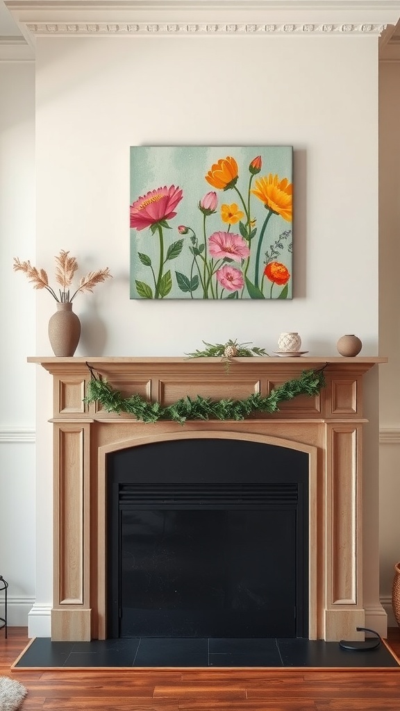 A spring floral painting above a wooden fireplace mantel decorated with greenery.