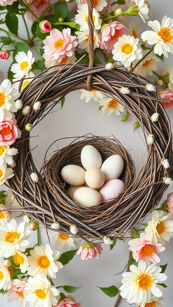 A wreath featuring a bird nest with eggs, surrounded by pink and white flowers.