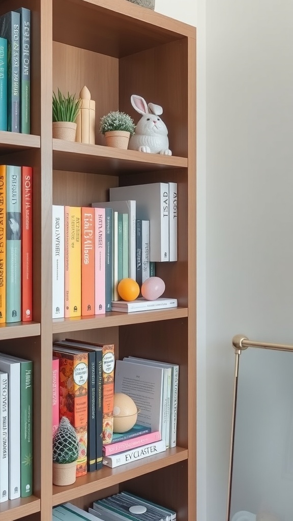 A warmly decorated bookshelf featuring colorful books, a decorative bunny, and pastel eggs with a potted plant.