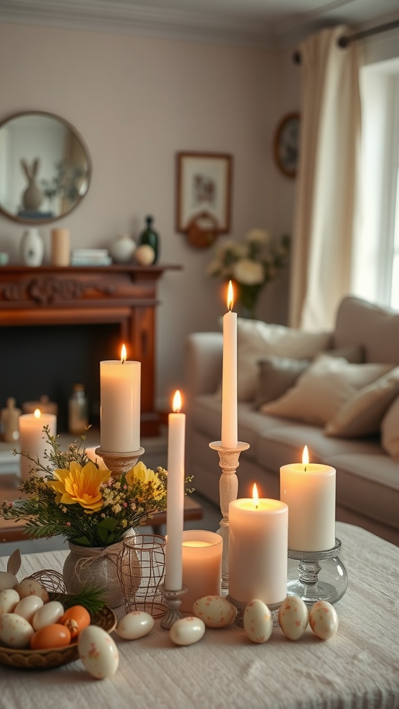 A cozy living room setup featuring candles, flowers, and Easter eggs on a table.