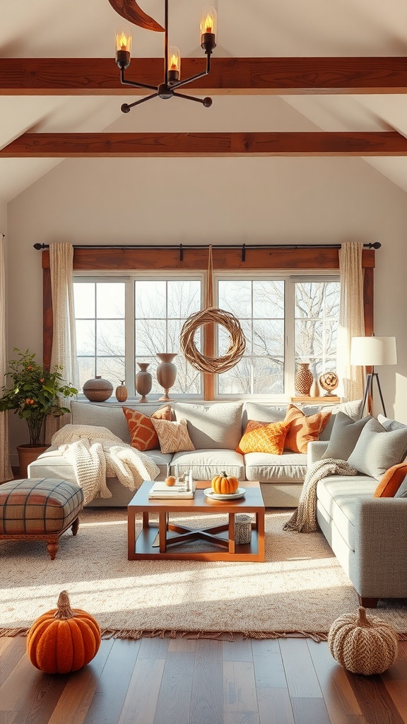 Cozy cottagecore living room with seasonal decor, featuring pumpkins, soft furnishings, and natural light.