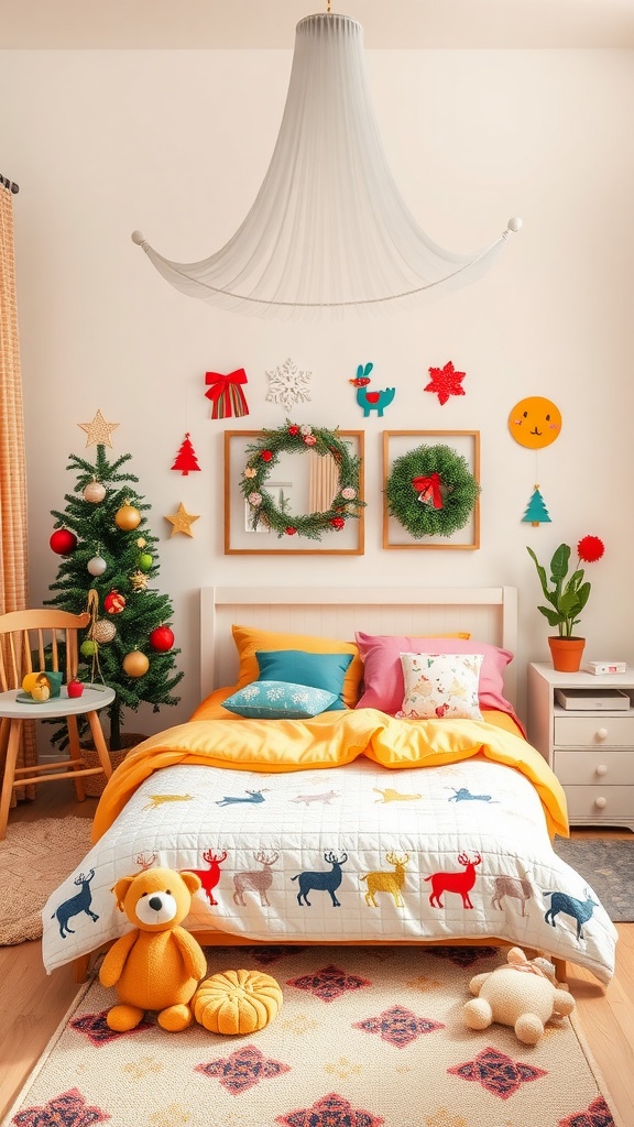 A colorful holiday-themed bedroom with a reindeer quilt, Christmas tree, and festive wall decorations.