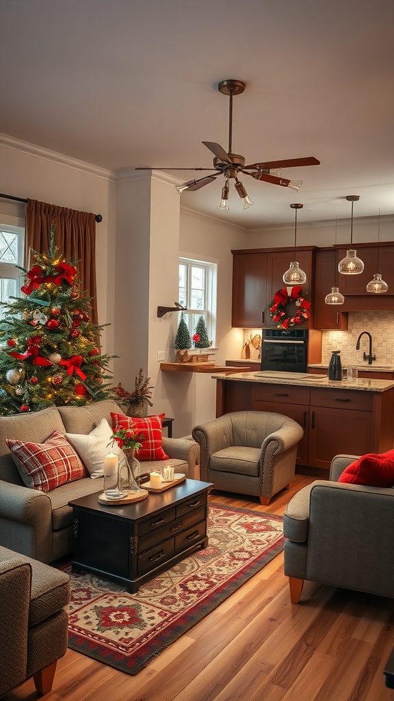 A cozy living room and kitchen decorated for Christmas with a tree, wreaths, and festive pillows.